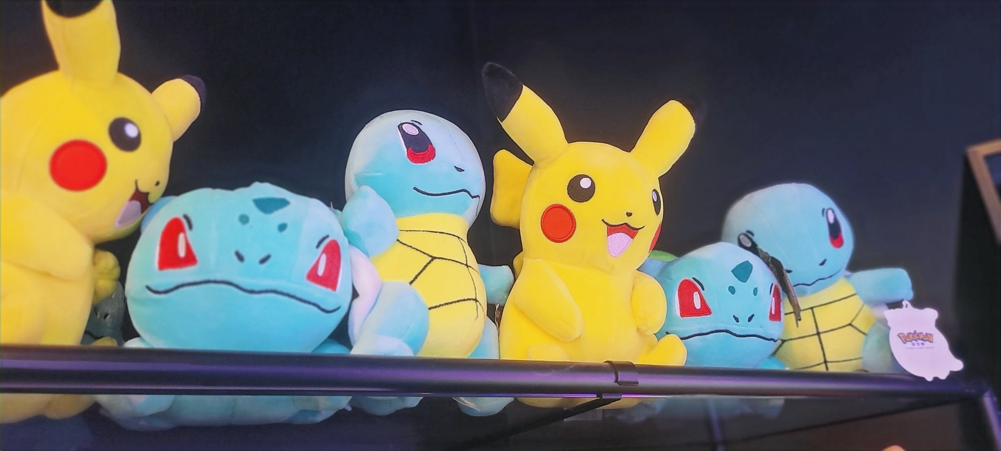 A row of colorful Pokémon plush toys on a black display shelf.